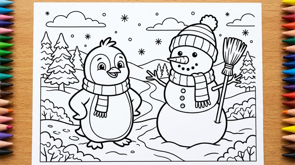 Cartoon penguin standing next to a snowman, coloring page style
