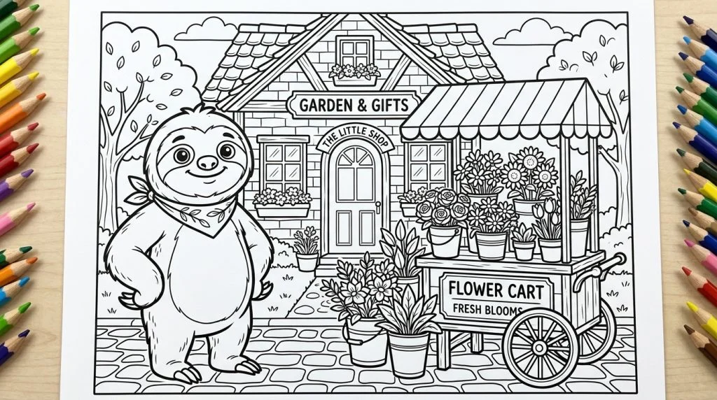 Cartoon sloth standing next to a flower cart, coloring page style