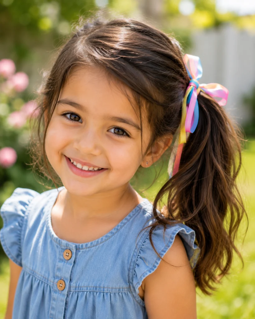 Girl with a side ponytail decorated with a ribbon.