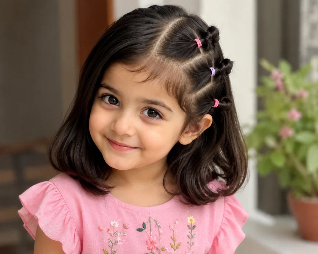 Girl with three small side knots keeping hair off her face.