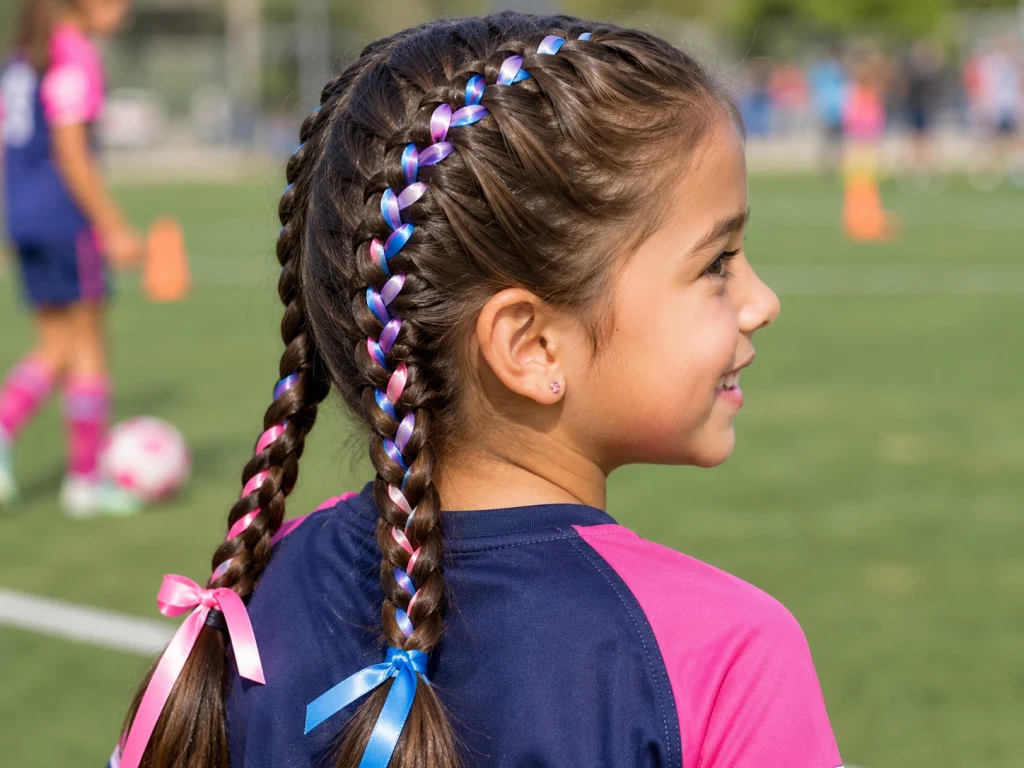 Girl with double Dutch braids woven with ribbons.