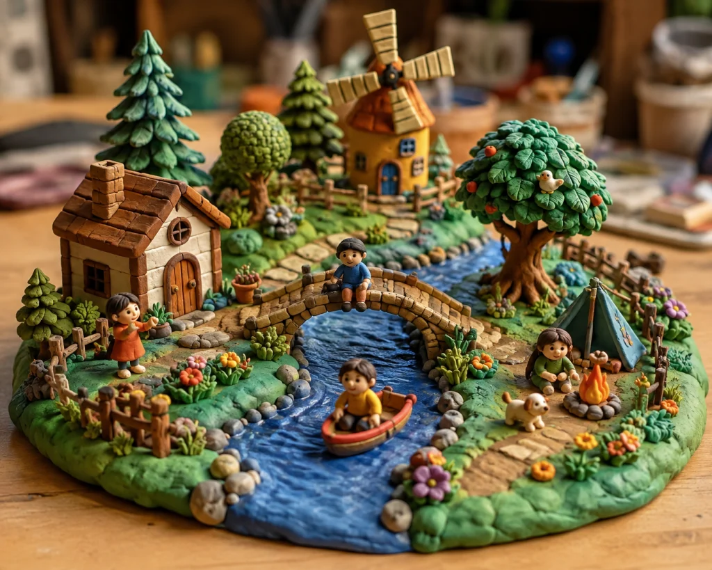 Miniature clay figures and props arranged into a small-world play scene