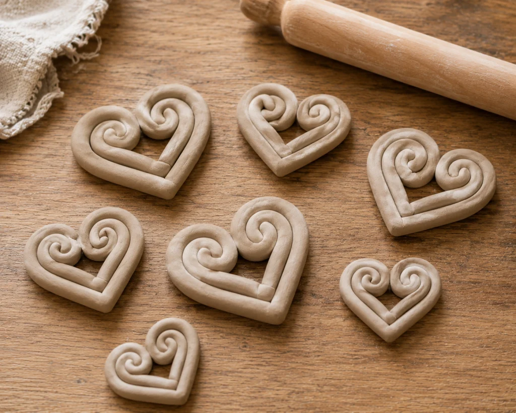 Heart shapes made from rolled clay coils on a wooden table