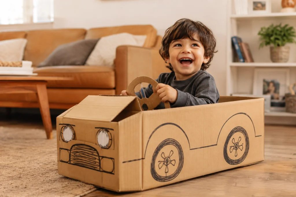 Free activities for kids using a homemade cardboard box car