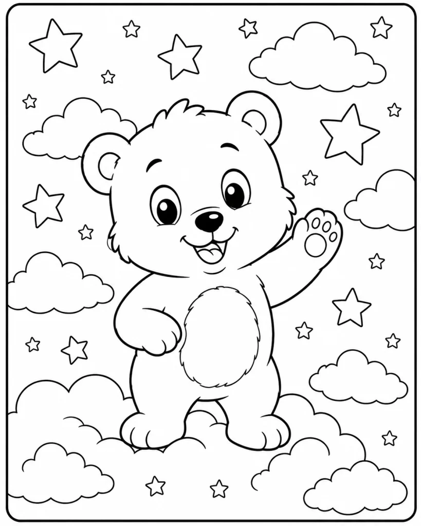 Cartoon bear cub standing among clouds and stars, coloring page style