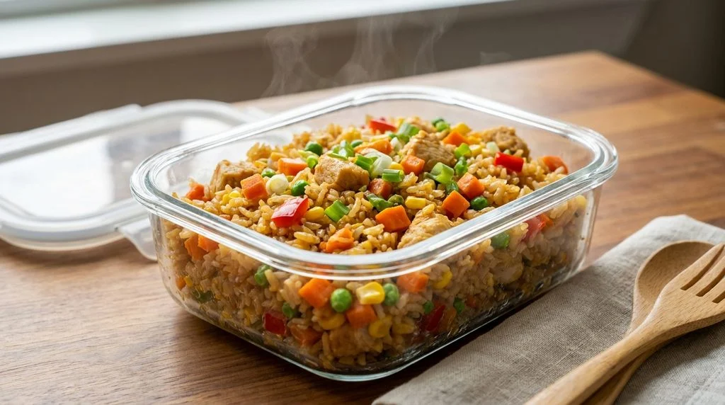 A lunch container of chicken fried rice, a high-protein school lunch idea