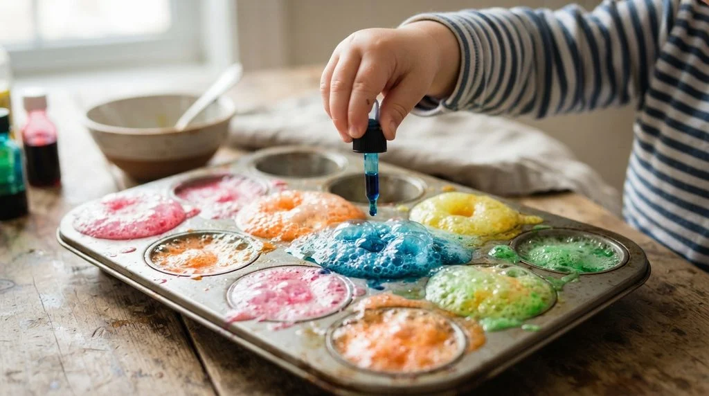 Toddler using a dropper for a fizzing baking soda and vinegar colour experiment
