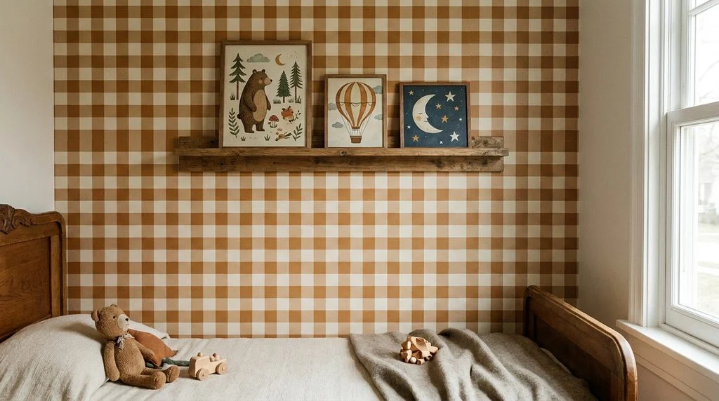 Timeless plaid wallpaper used as a lasting foundation in a kids' bedroom