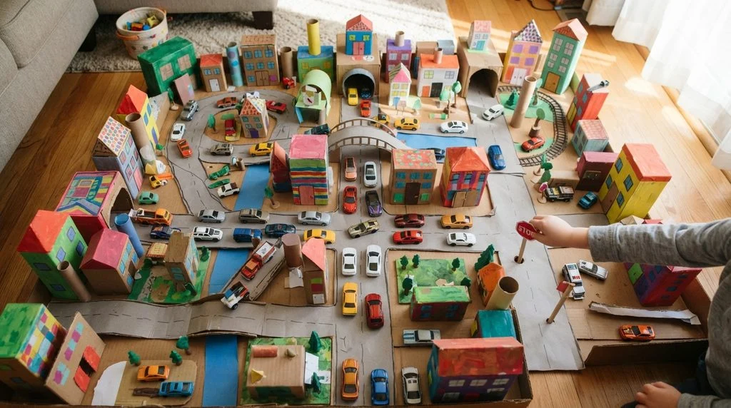 Cardboard city built from recycled boxes as a rainy day craft activity