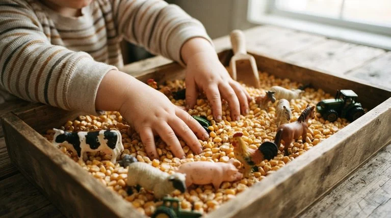 Child playing with a corn sensory bin filled with farm animal toys