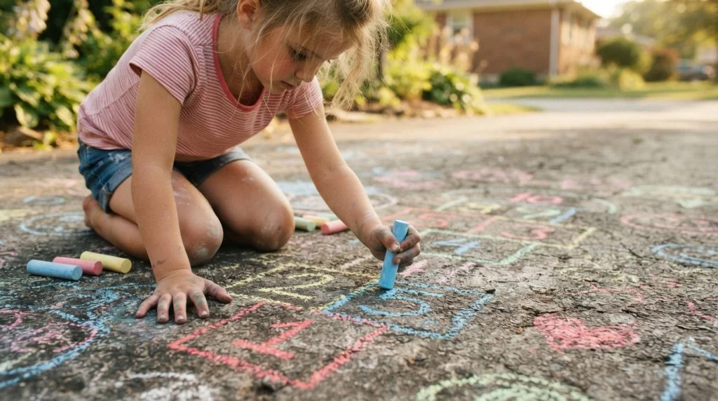 Child drawing with colorful sidewalk chalk on a driveway