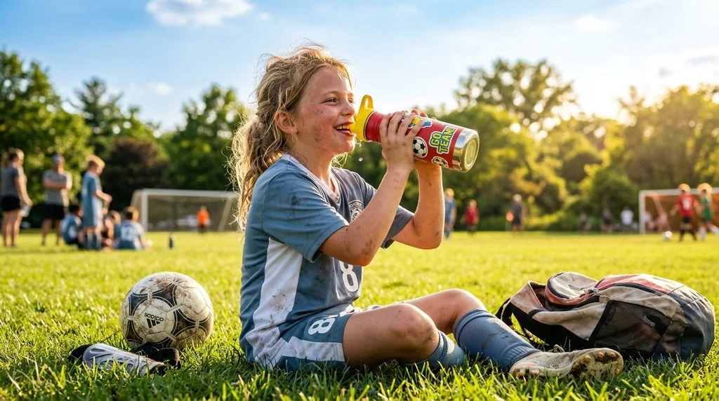 Child drinking water as a healthy snack-time beverage.