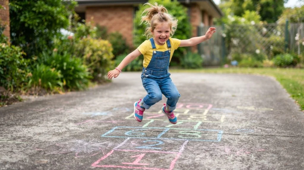 Child hopping on a colorful chalk hopscotch board outdoors
