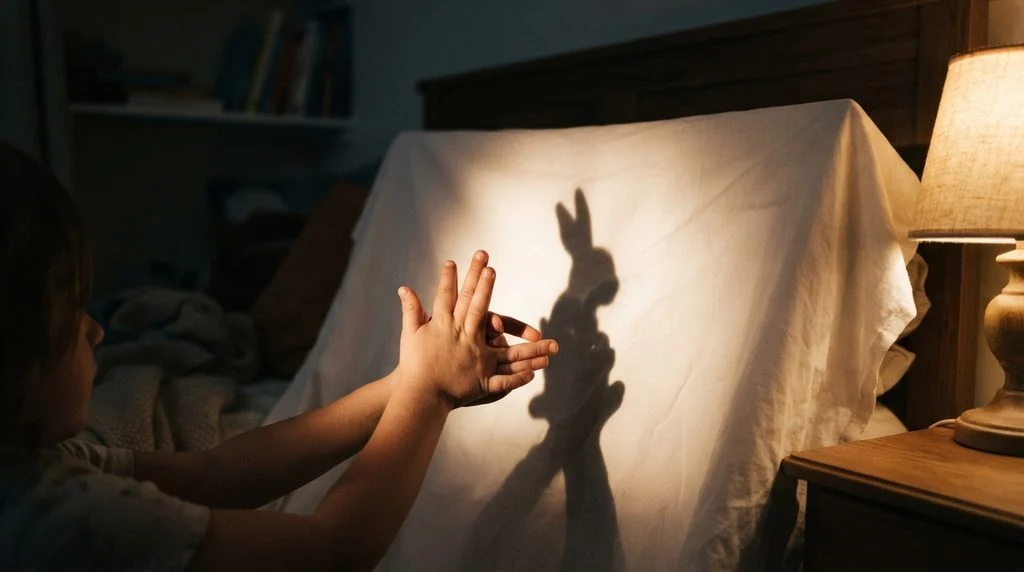 Child making a shadow puppet on a sheet during an indoor rainy day game