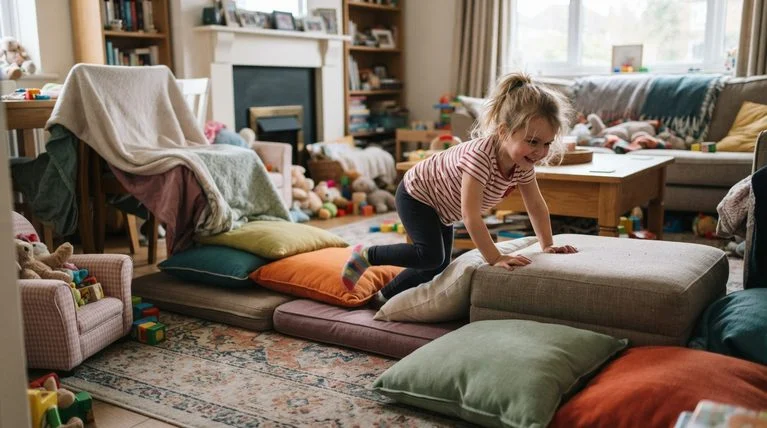 Child playing on an indoor obstacle course made of pillows and furniture.