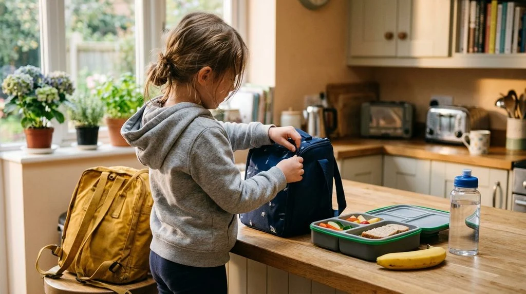 A child zipping up an insulated lunch bag on a kitchen counter beside a school backpack, a packed lunch box, a banana and a water bottle.