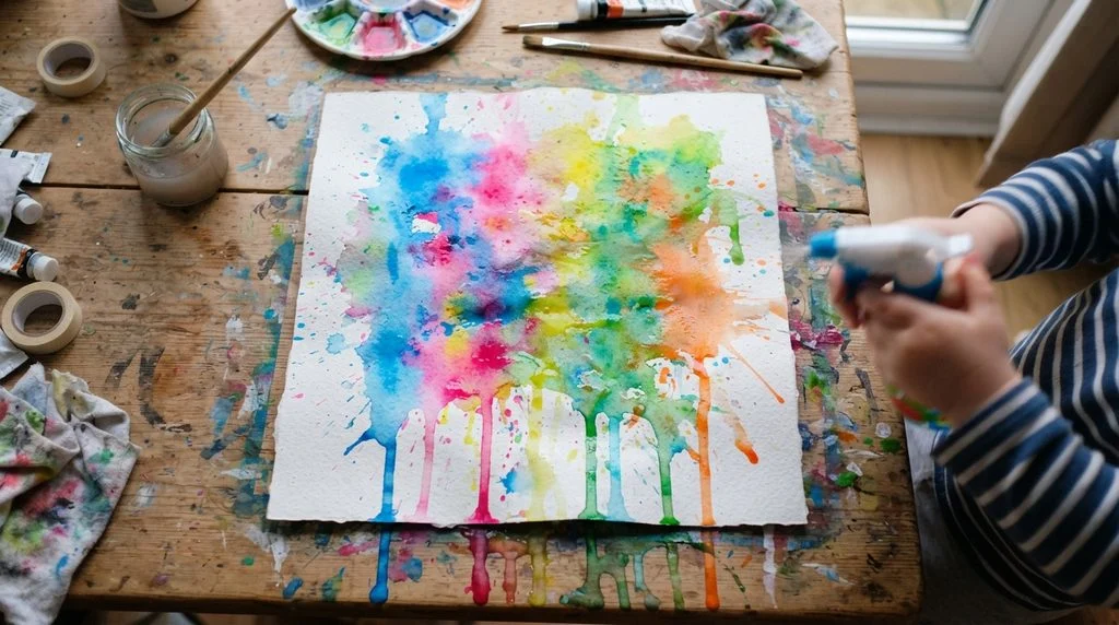 Watercolour rain art craft made by spraying water over a child's painting