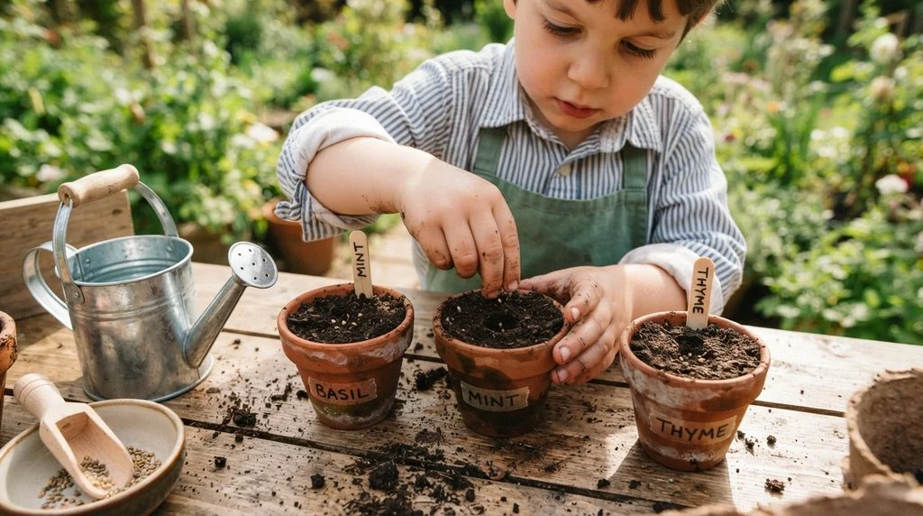 Child's hands planting seeds in small pots with soil and a watering can