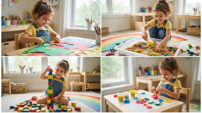 Collage of a preschooler engaged in various hands-on activities.