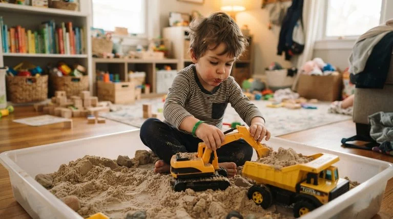 Child playing with toy construction trucks in a sensory bin