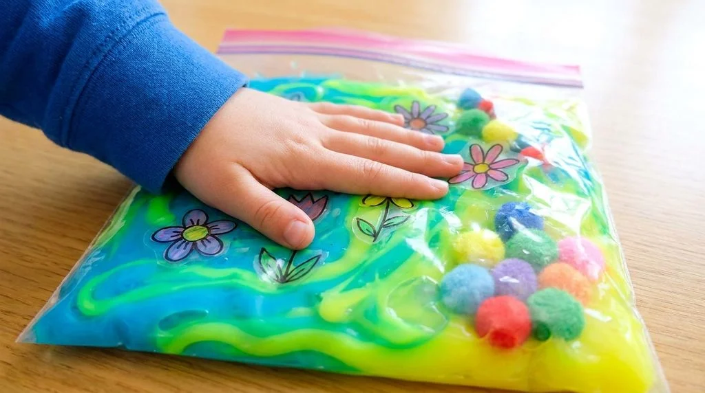 Mess-free sensory bag filled with gel and pom poms for kids