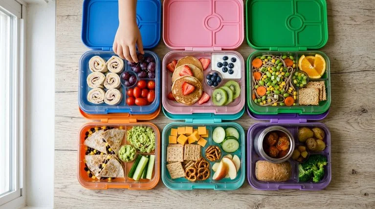 Six open kids' lunch boxes on a wooden counter holding turkey pinwheels, mini pancakes, soba noodles, a quesadilla, a cheese plate, and a thermos of meatballs.