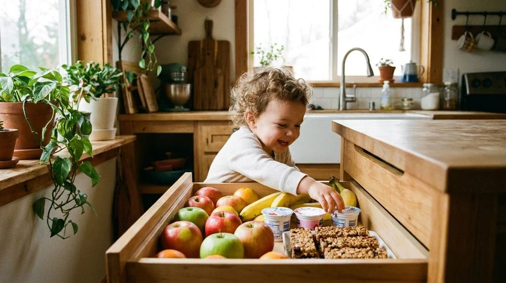 A child-accessible snack drawer stocked with healthy options
