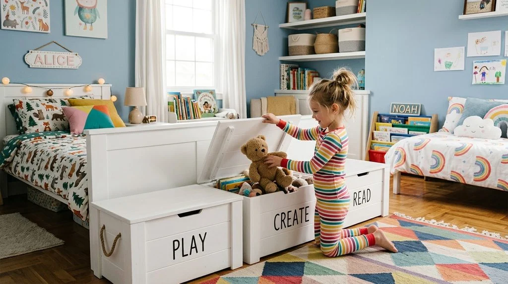 White toy trunks lined up between two beds as a dual-purpose divider and storage in a shared kids' room.