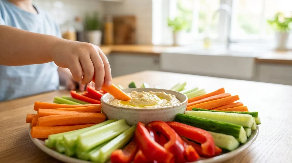 Fresh vegetable sticks served with hummus as a kid-friendly snack
