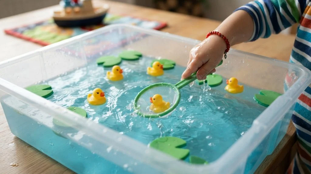 Blue-dyed water sensory bin with foam lily pads and plastic ducks