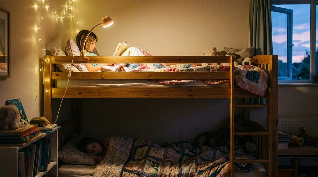 Bunk bed with an individual reading light on at the top bunk while the lower bunk stays dim.