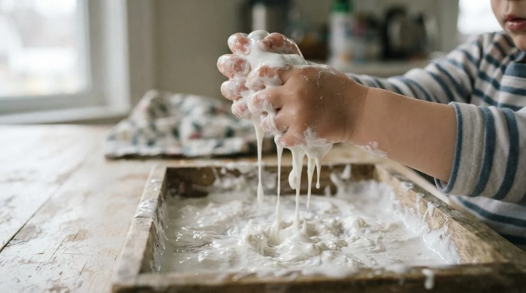 Child's hands playing with oobleck that drips like liquid
