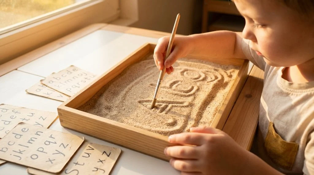 Child practicing writing letters in a sand tray