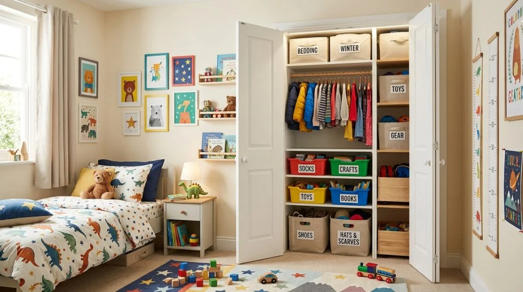 Built-in closet maximizing storage in a children's bedroom.