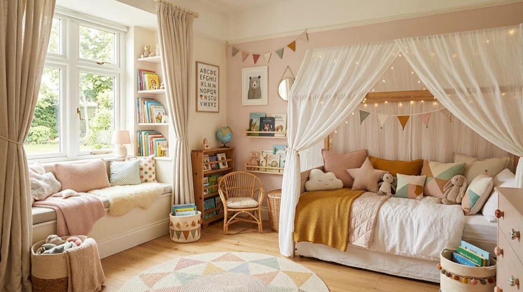 Bright and cozy children's bedroom with canopy bed and reading nook.