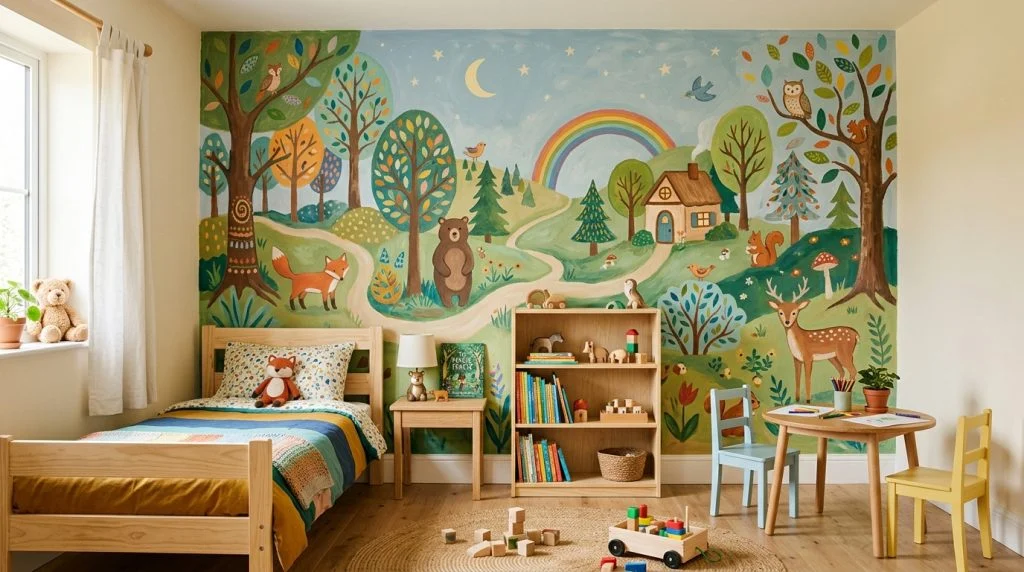 Children's bedroom with a whimsical forest mural on one wall.