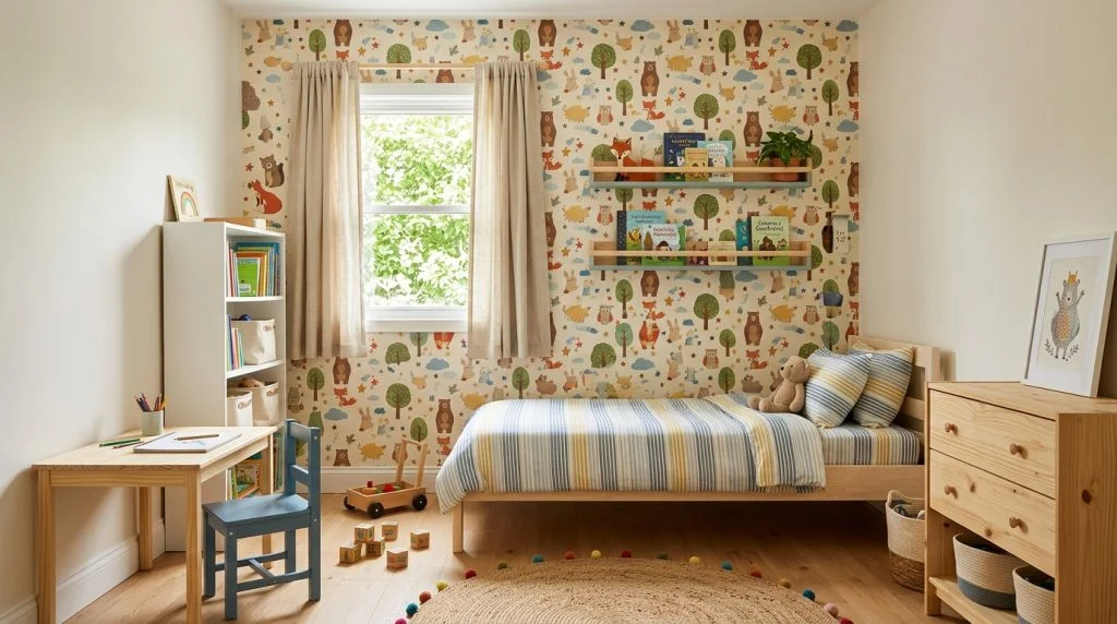 Children's bedroom with a patterned wallpaper accent wall.