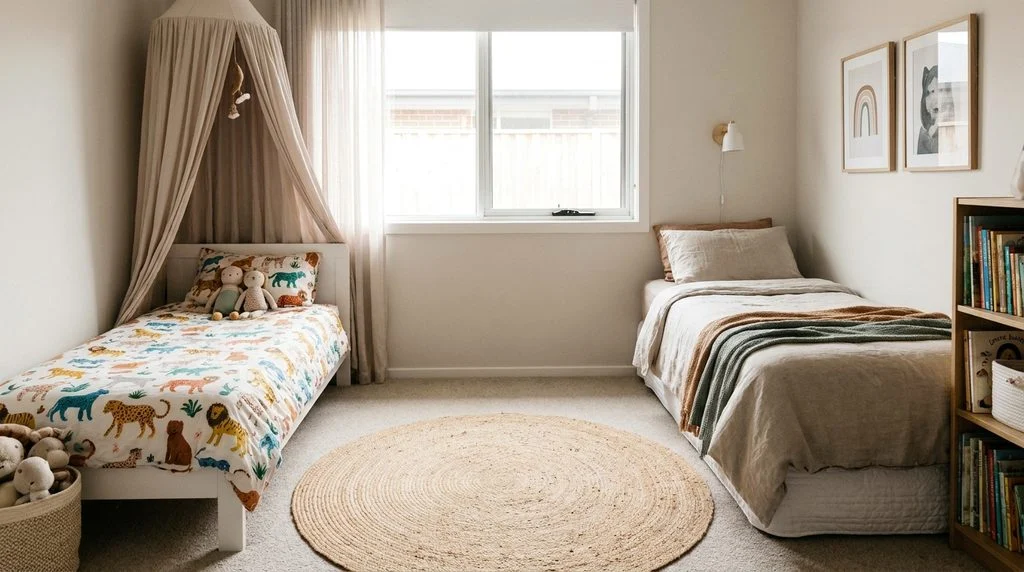 Two single beds set in an L-shape in a shared bedroom, one for a younger and one for an older sibling, with open play space in the centre.