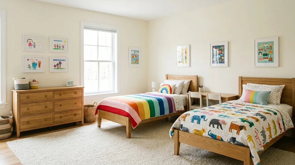 Neutral, future-proof shared kids' bedroom with solid wood furniture and swappable colourful bedding and art.