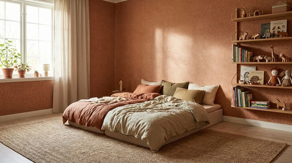 A warm, nature-inspired kids' bedroom with wooden furniture and soft earthy tones