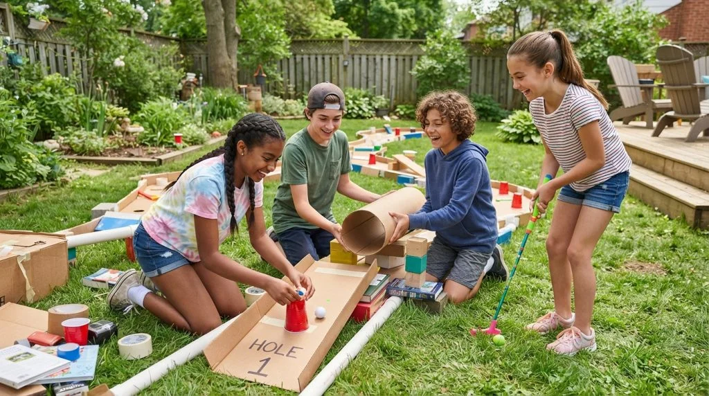 Tweens setting up a backyard mini putt-putt course.