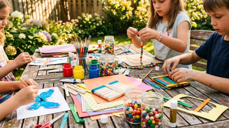 Kids crafting outdoors at a table full of colorful summer craft supplies.