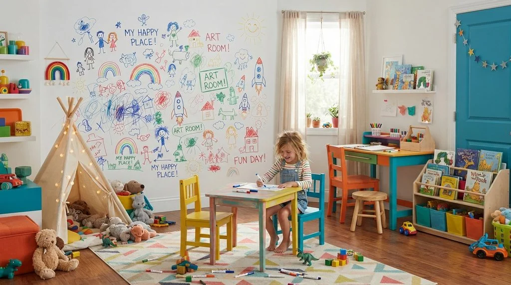Kids' room with a whiteboard wall for drawing.