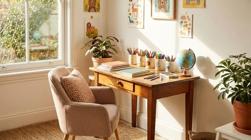 A bright, organized homework corner in a child's bedroom