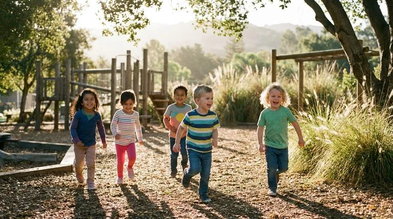 Preschool children playing and running together outdoors in a schoolyard