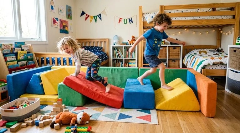 Two kids playing on a colorful modular foam couch used as a movable divider in a shared bedroom.