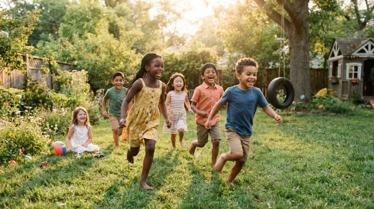 Group of kids laughing and playing games together in a sunny backyard