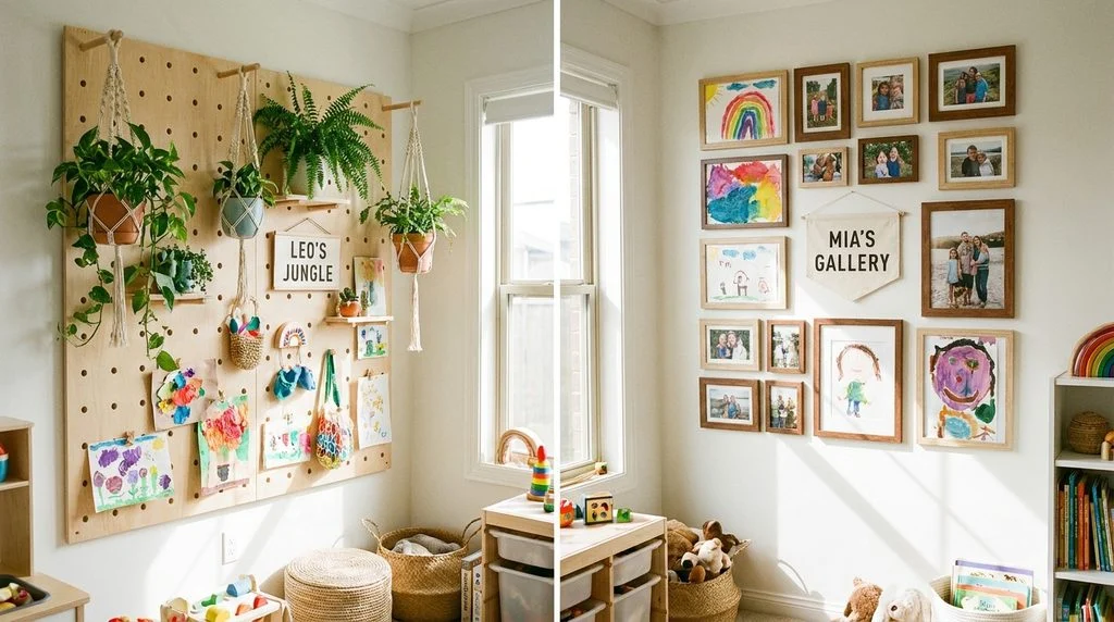 Two personal display walls side by side, a pegboard and a framed gallery grid, in a shared kids' bedroom.