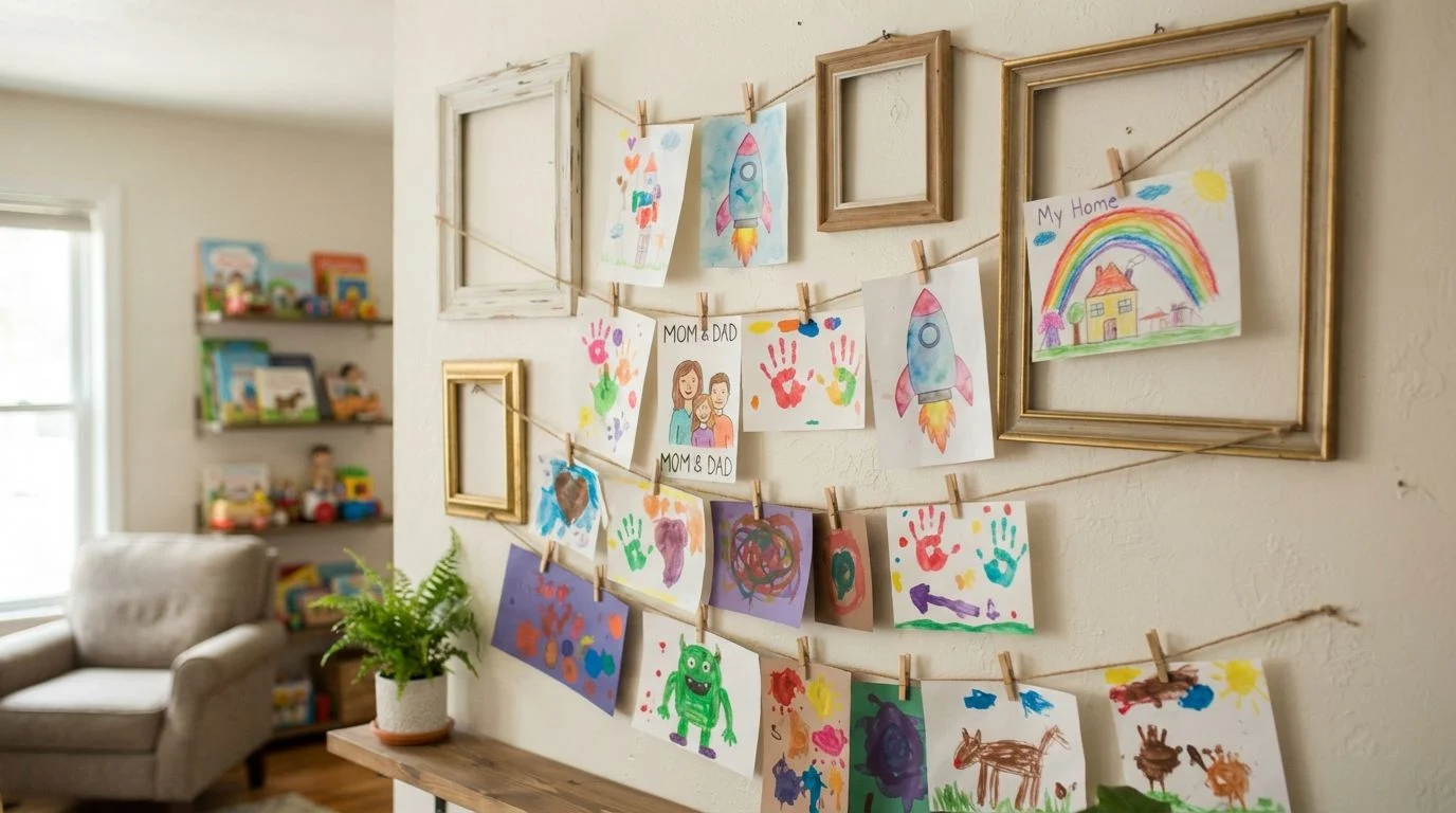Rotating gallery wall displaying children's artwork with clothespins.