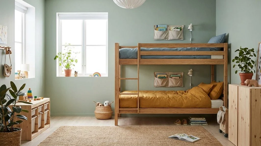 Wooden bunk bed in a shared kids' bedroom, lower bunk with mustard bedding and upper bunk with blue bedding, each with its own reading light.